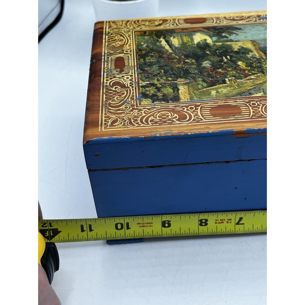 Vintage Cedar Wood Box Hinged Lid Decoupage Mediterranean Scene Blue Paint AS IS - Picture 6 of 14